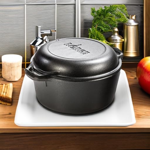 Large, black cast iron Dutch oven with lid resting on a white heat-resistant trivet.