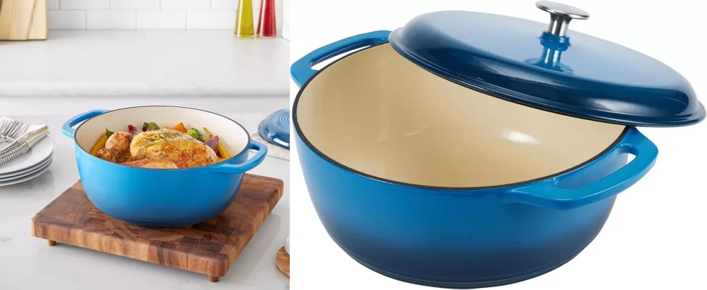 Blue cast iron Dutch oven with lid and food inside, sitting on a wooden cutting board.