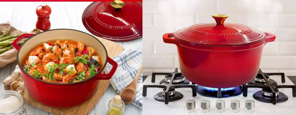 Red cast iron Dutch oven with food inside, on a gas stovetop.